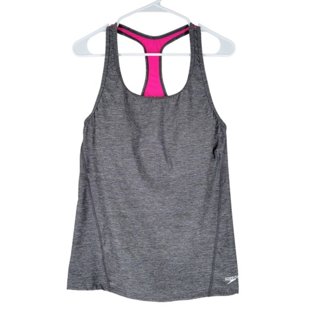 Speedo Athletic‎ Tank Top Women 14 Gray Pink Bulit in Bra Racerback Athleisure